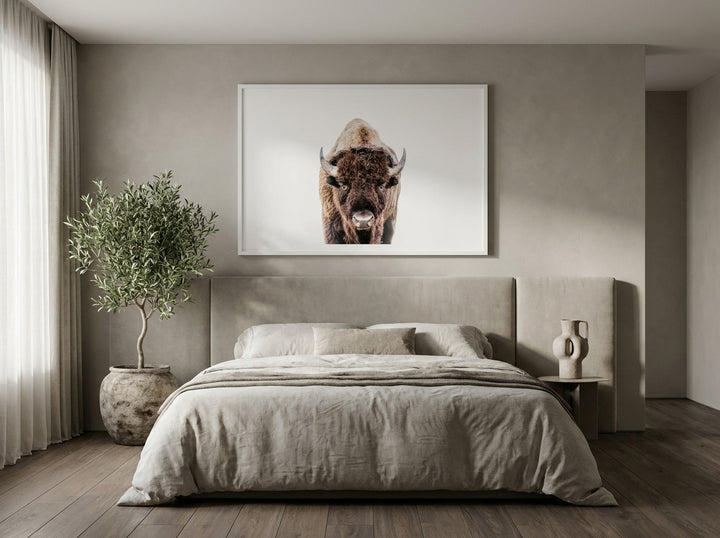 Oversized statement modern wall art print styled on the wall in a luxe bedroom