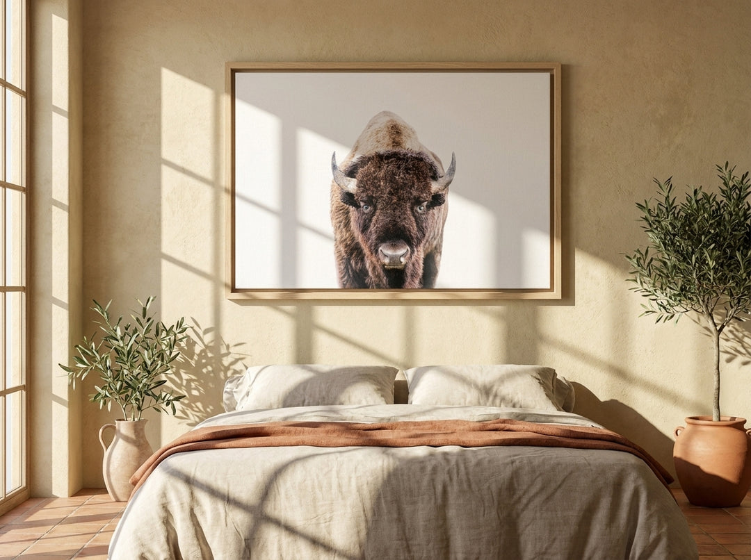 Canvas wall art with a natural timber surround styled on the wall in a Mediterranean bedroom