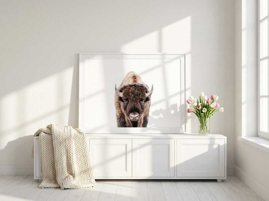 Modern wall art print standing on a sideboard in a bright Scandinavian home office