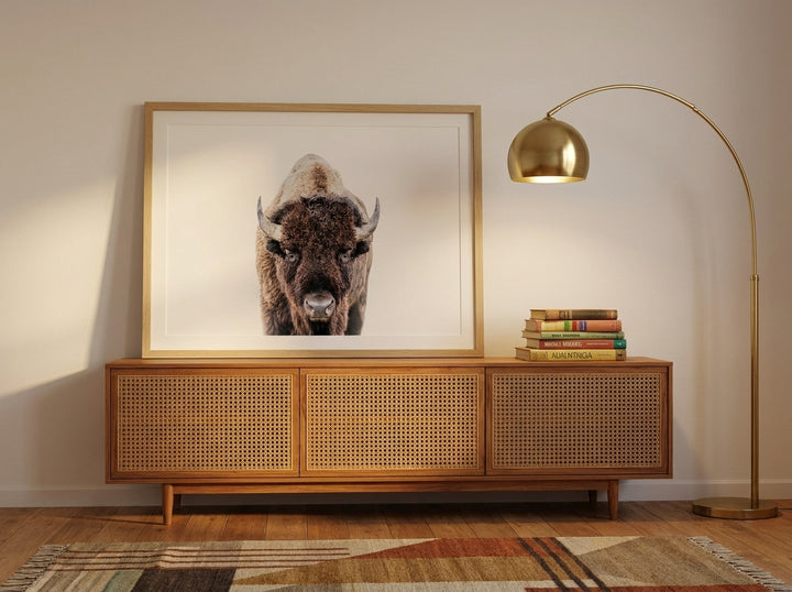 Modern wall art print standing on a sideboard in a mid-century bedroom