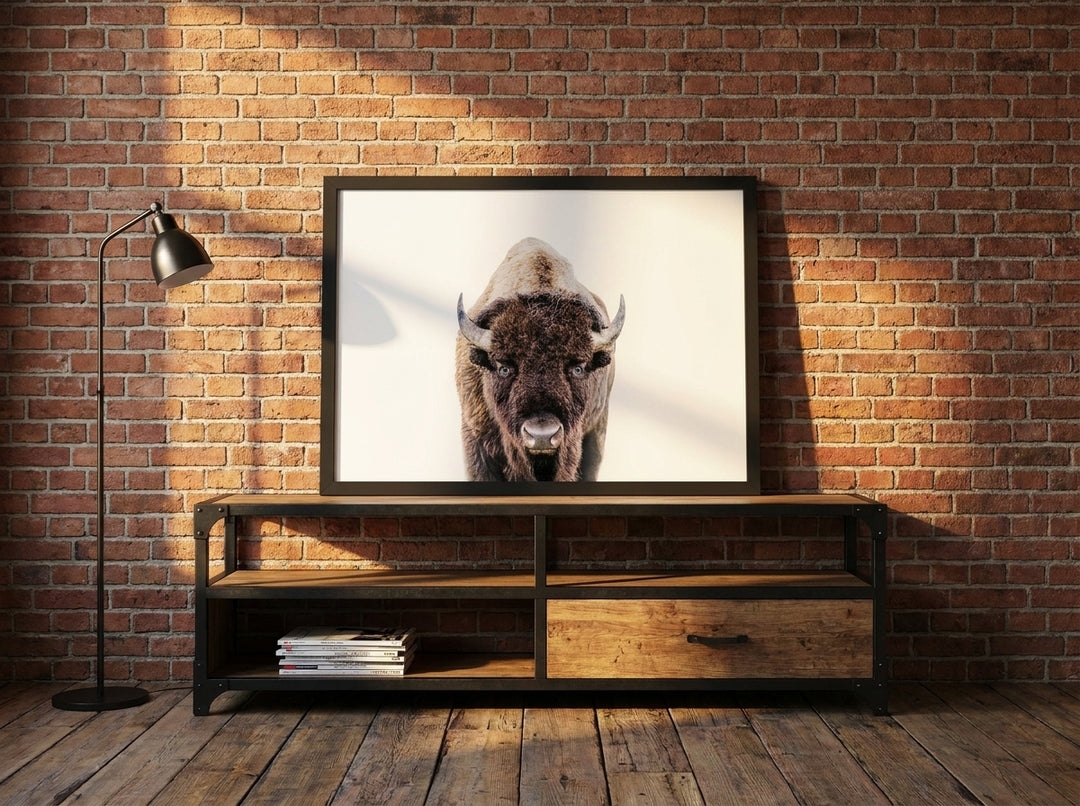 Modern wall art print standing on a console in an industrial loft home office