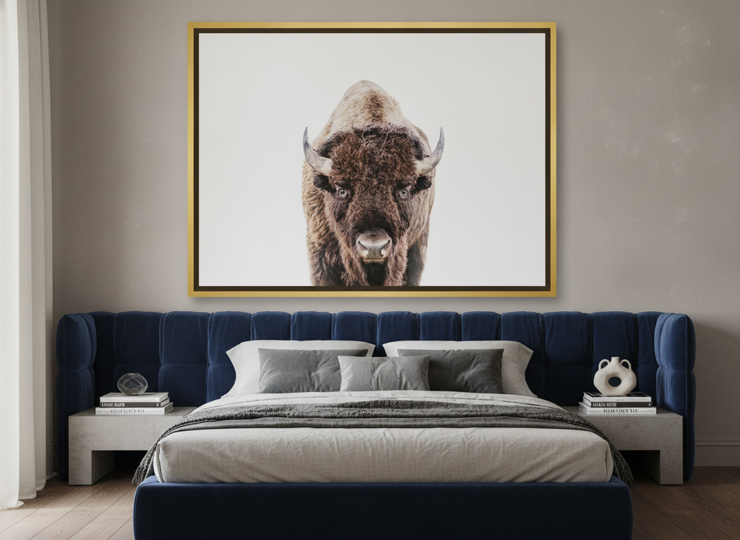 Oversized statement canvas wall art with a gold leaf surround styled on the wall in a luxe bedroom
