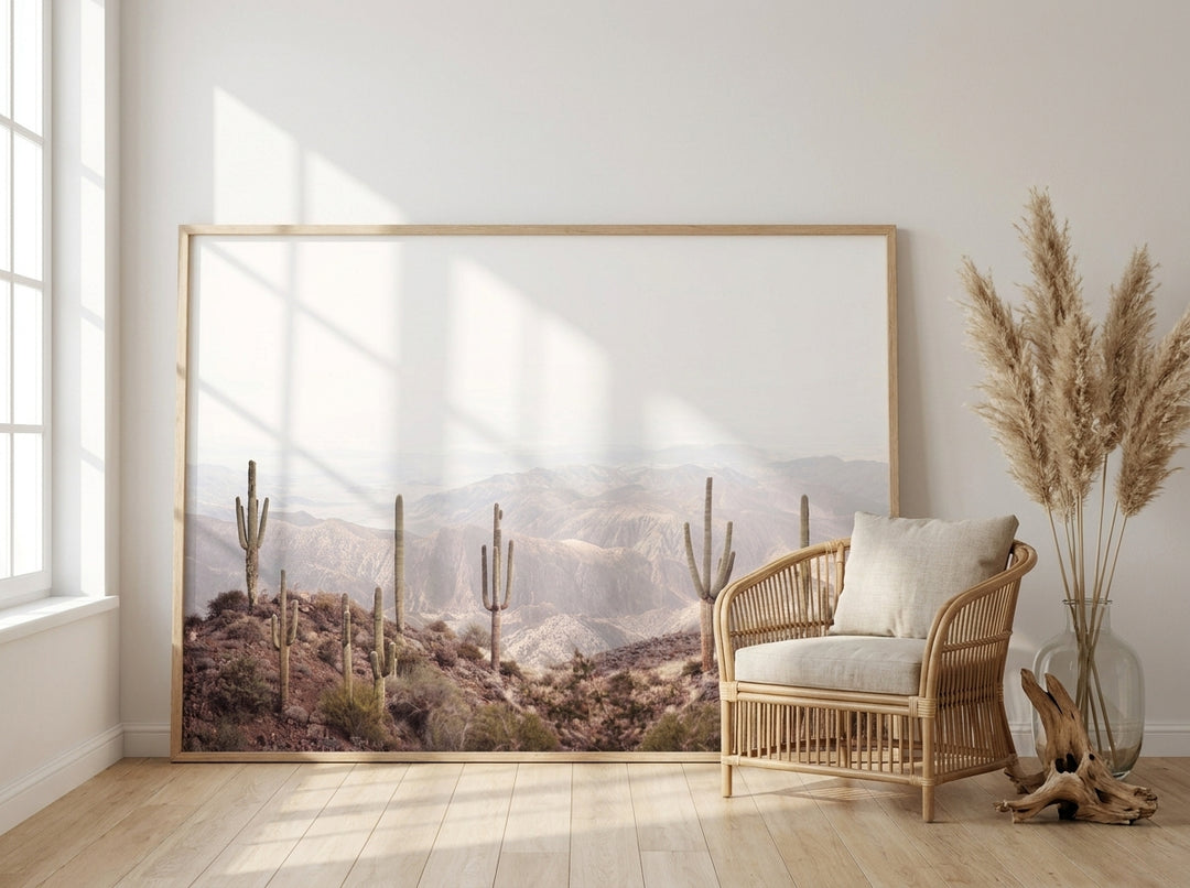 Oversized statement modern wall art print leaning against the wall in a coastal bedroom