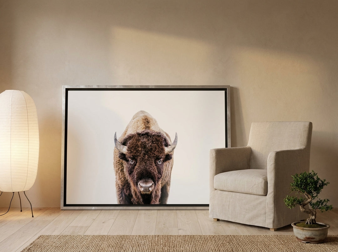 Canvas wall art with a silver leaf surround leaning against the wall in a warm Japandi bedroom