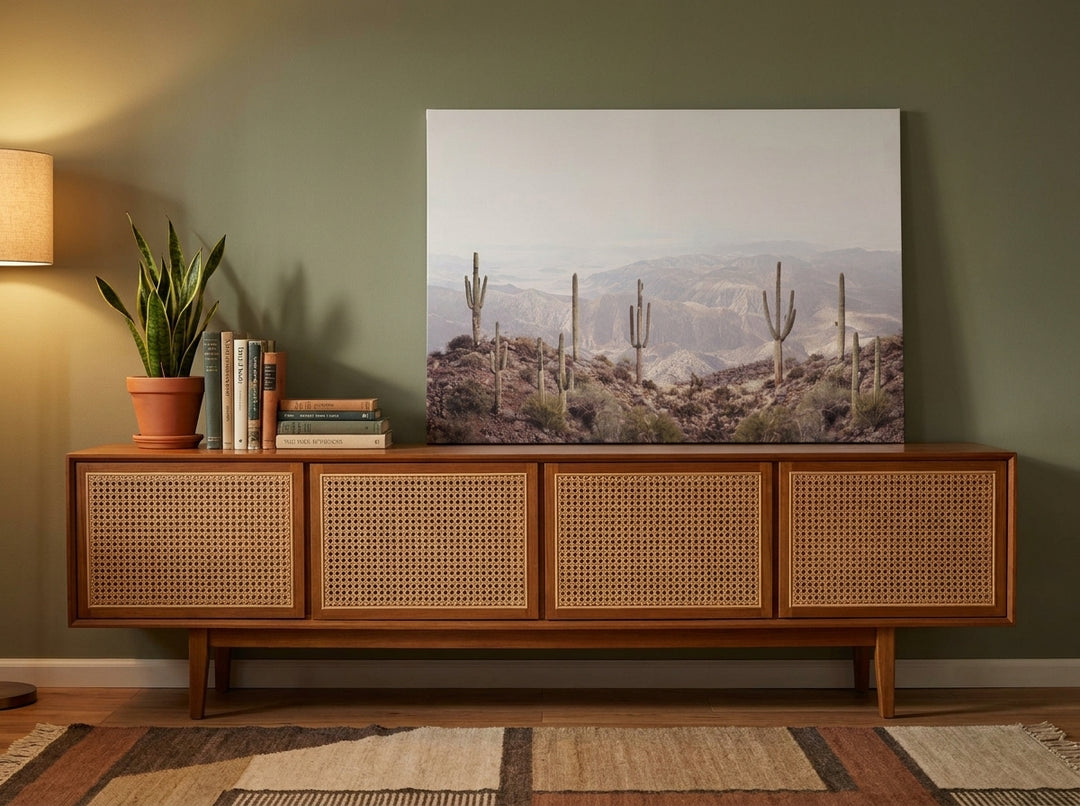 Stretched canvas wall art standing on a sideboard in a mid-century home office