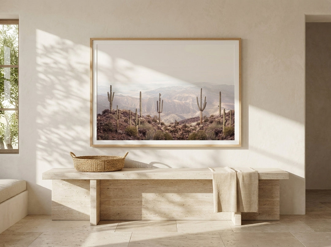 Modern wall art print styled on the wall in a Mediterranean living room