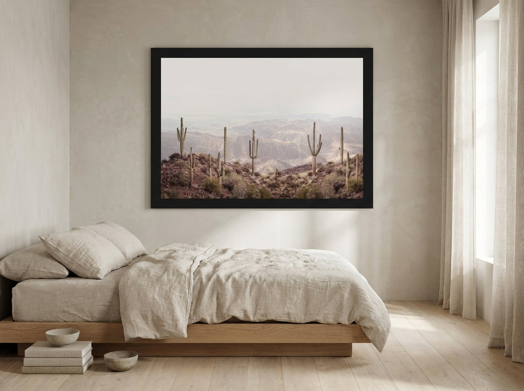 Oversized statement modern wall art print styled on the wall in a warm Japandi bedroom