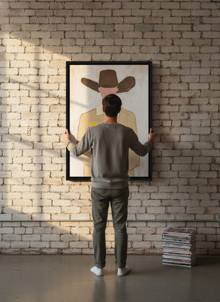 Person holding canvas wall art with a black surround in an industrial loft living room
