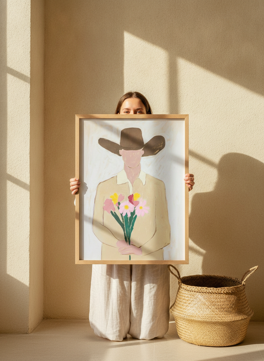 Person holding modern wall art print in a Mediterranean living room