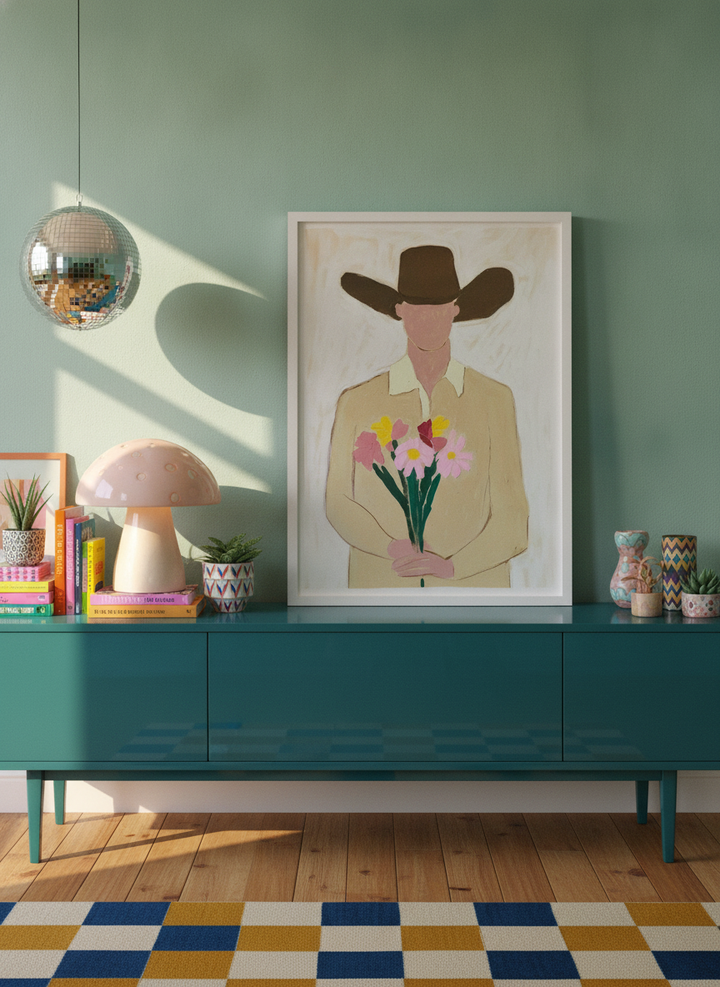 Modern wall art print standing on a sideboard in a colourful eclectic home office