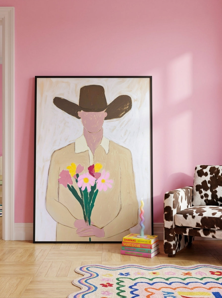 Oversized statement modern wall art print leaning against the wall in a colourful eclectic dining room