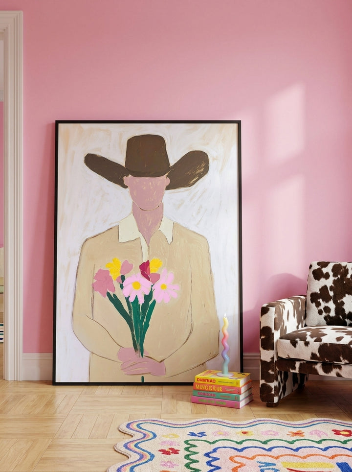 Oversized statement modern wall art print leaning against the wall in a colourful eclectic dining room