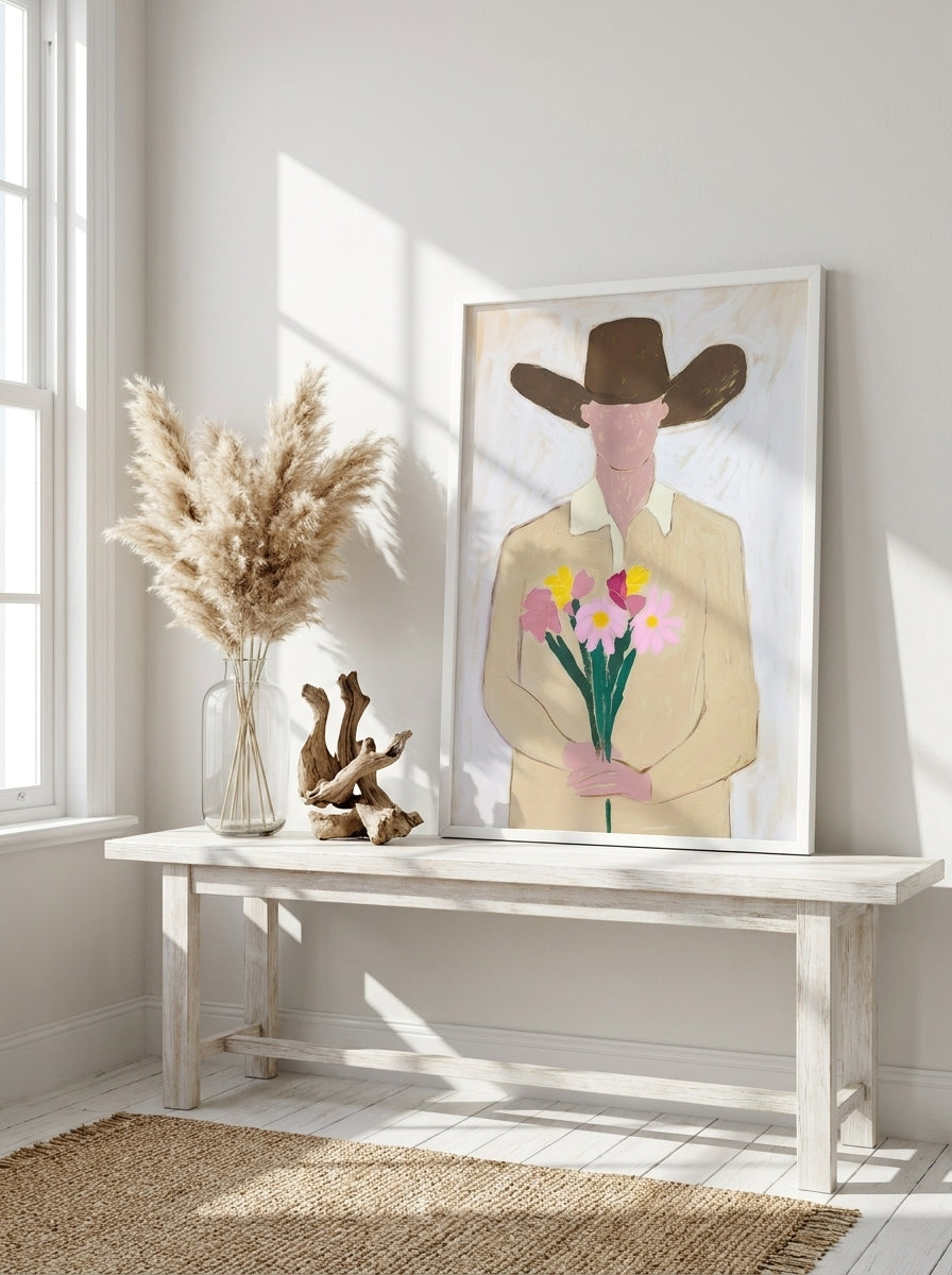 Modern wall art print standing on a console in a coastal living room