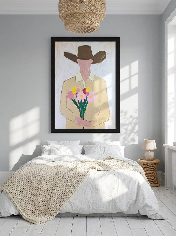Oversized statement modern wall art print styled on the wall in a bright Scandinavian bedroom