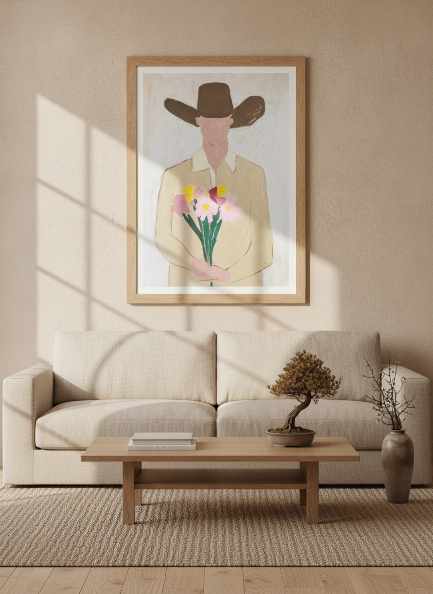 Modern wall art print styled on the wall in a warm Japandi living room