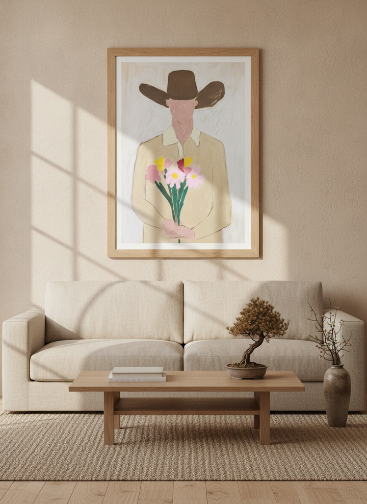Modern wall art print styled on the wall in a warm Japandi living room