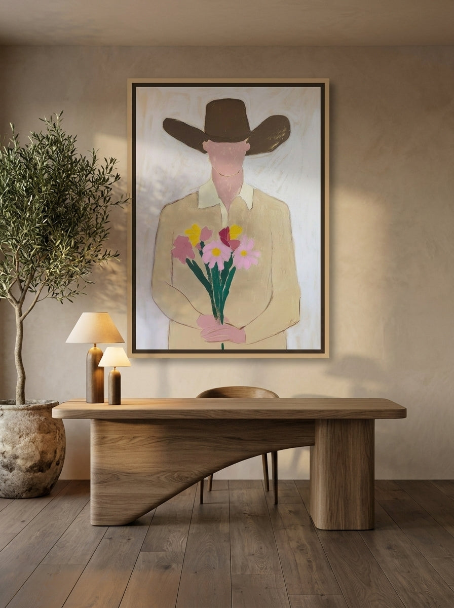 Canvas wall art with a natural timber surround styled on the wall in a luxe home office