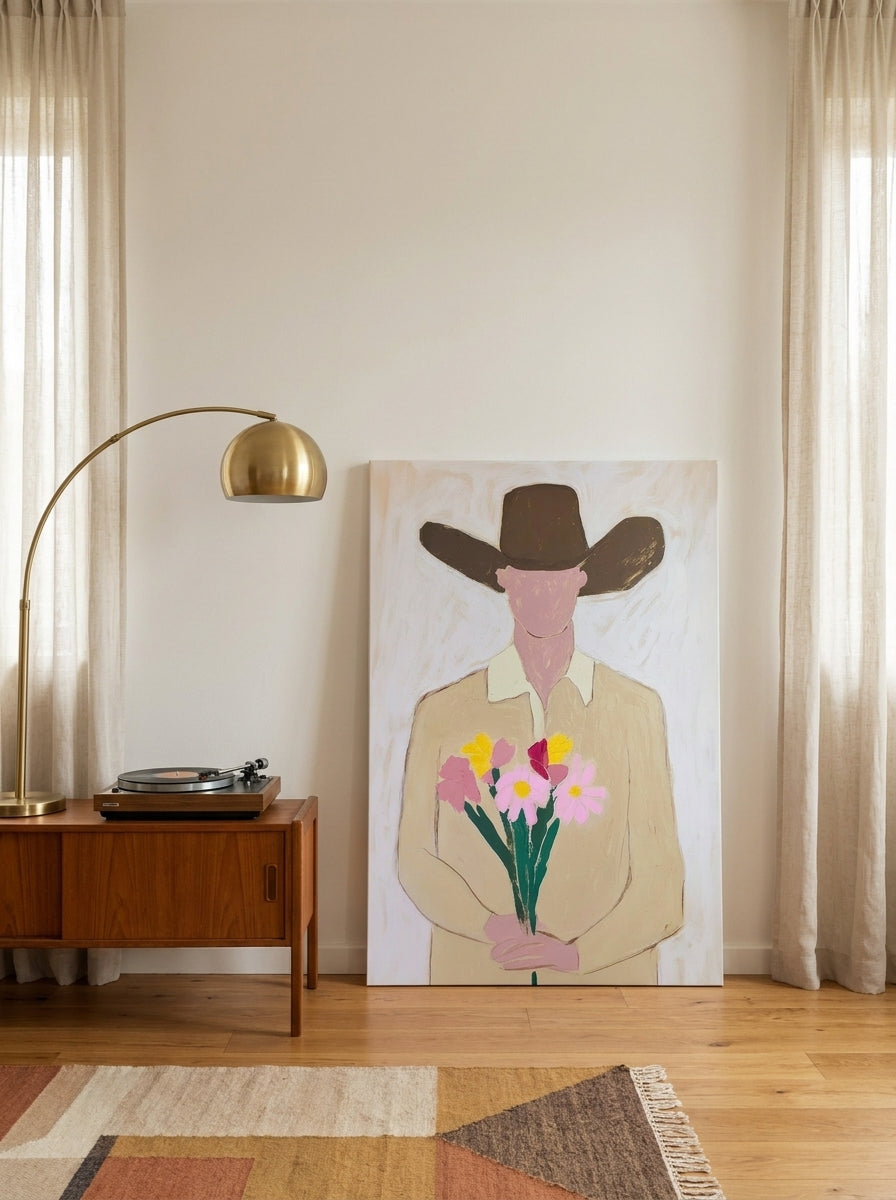 Stretched canvas wall art leaning against the wall in a mid-century bedroom