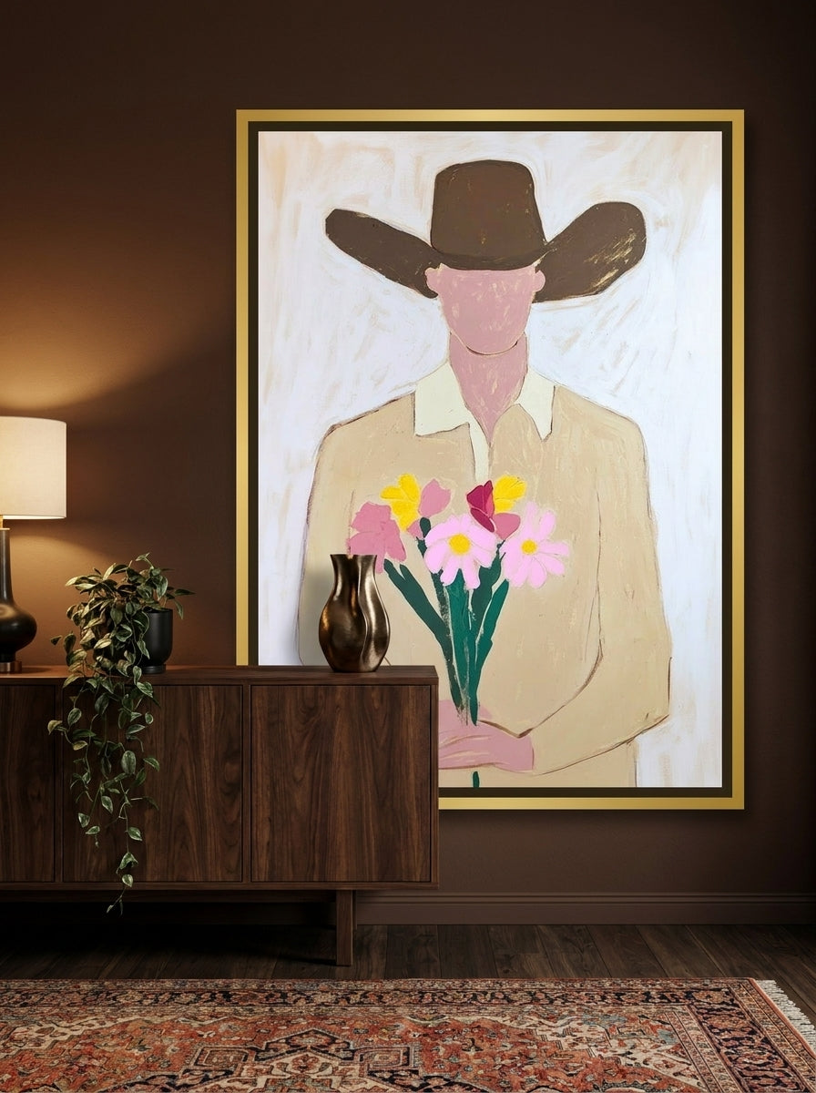 Canvas wall art with a gold leaf surround styled on the wall in a moody living room