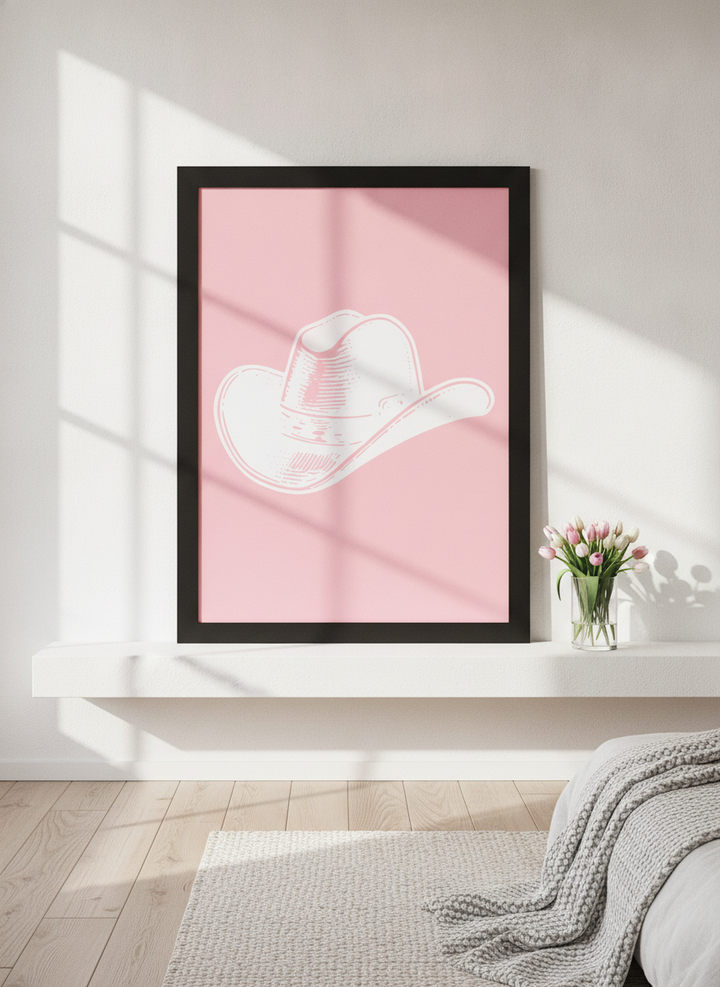 Modern wall art print standing on a shelf in a bright Scandinavian bedroom
