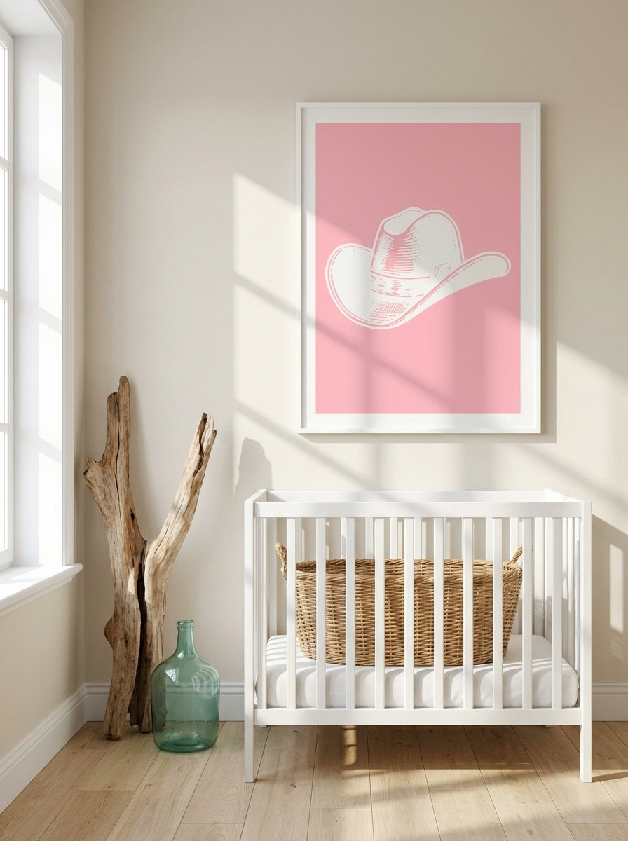 Modern wall art print styled on the wall in a coastal nursery