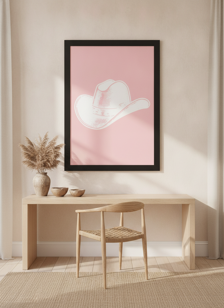 Oversized statement modern wall art print styled on the wall in a warm Japandi home office