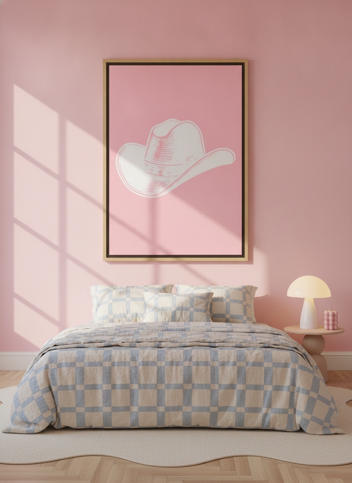 Oversized statement canvas wall art with a natural timber surround styled on the wall in a colourful eclectic bedroom