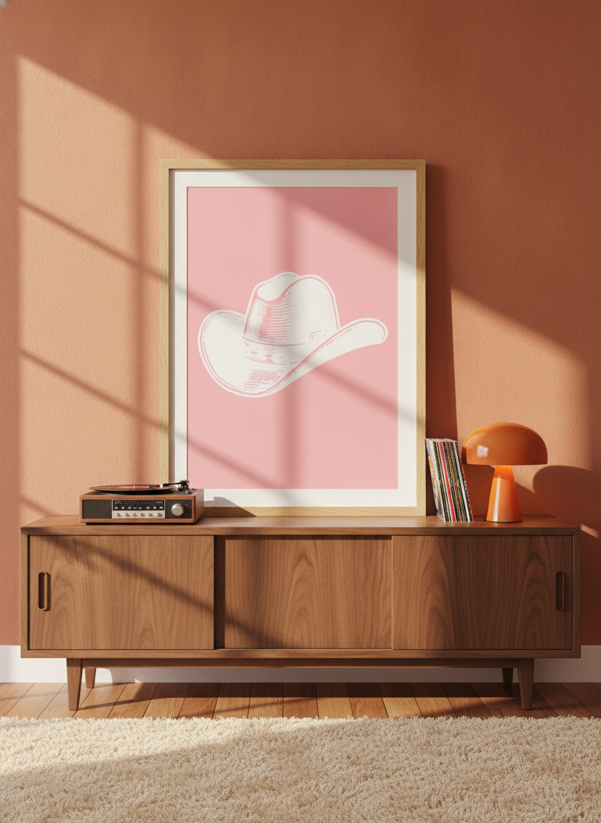 Modern wall art print standing on a sideboard in a retro 70s living room