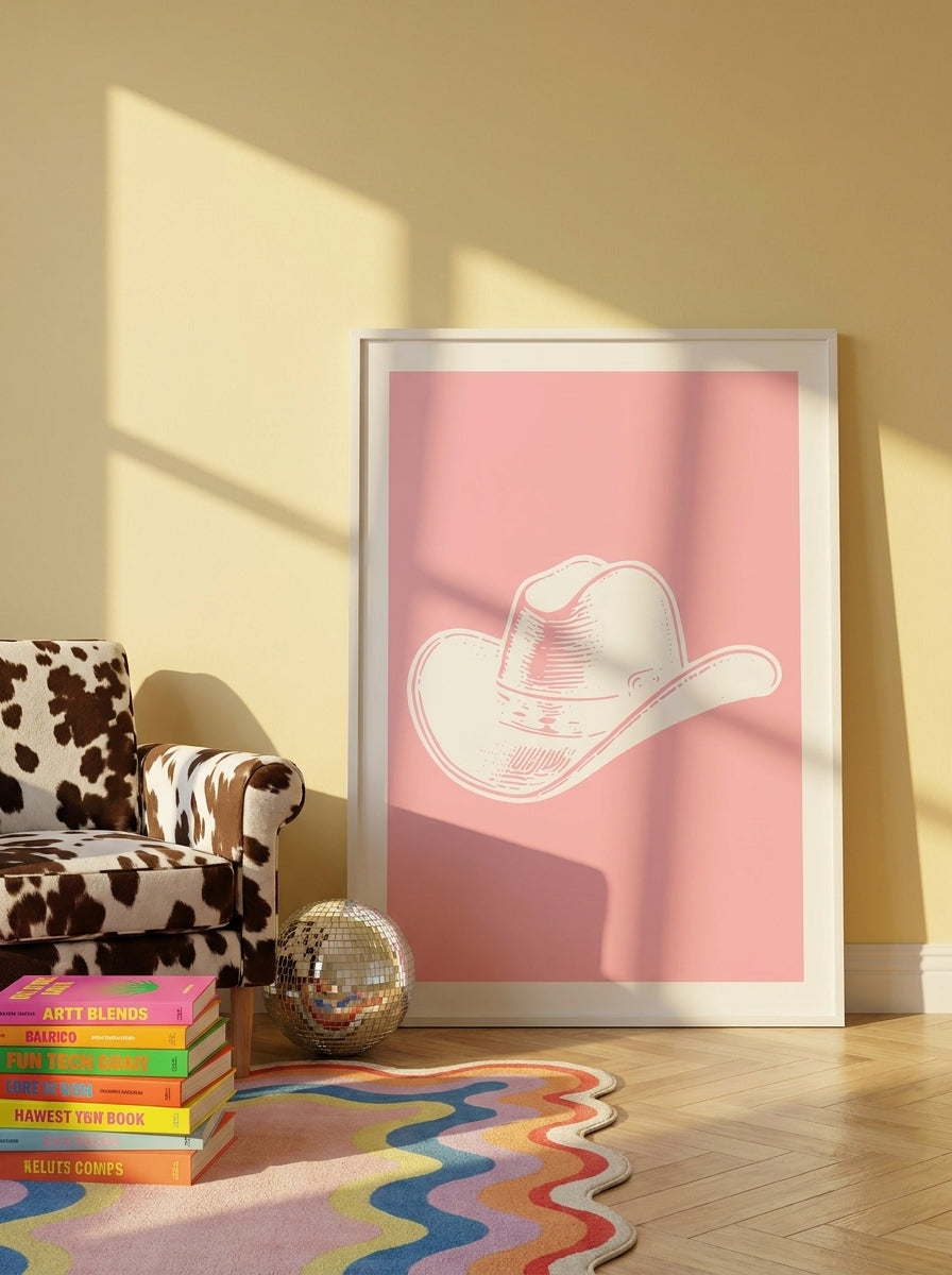 Oversized statement modern wall art print leaning against the wall in a colourful eclectic dining room