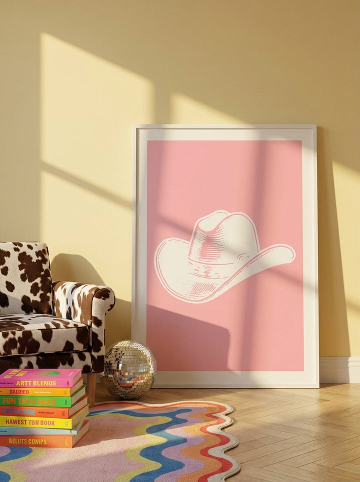Oversized statement modern wall art print leaning against the wall in a colourful eclectic dining room