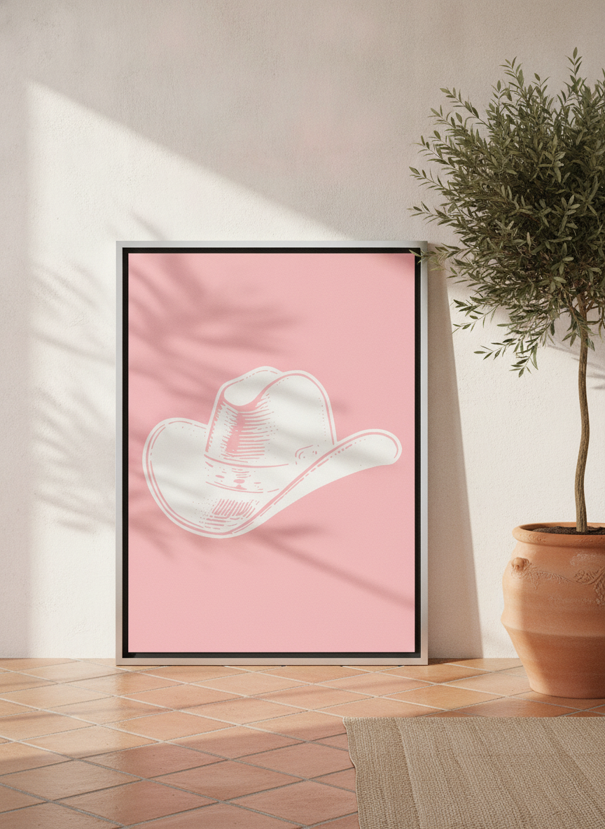 Canvas wall art with a silver leaf surround leaning against the wall in a Mediterranean bedroom