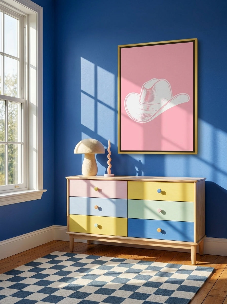 Canvas wall art with a gold leaf surround styled on the wall in a colourful eclectic nursery