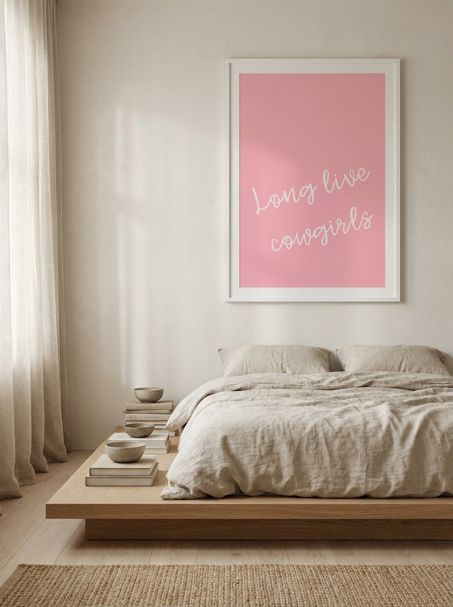 Modern wall art print styled on the wall in a warm Japandi bedroom