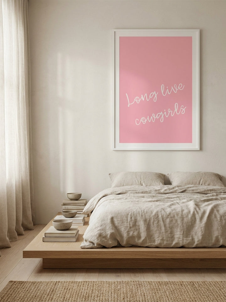 Modern wall art print styled on the wall in a warm Japandi bedroom
