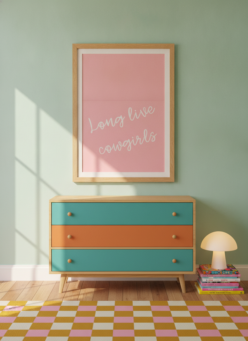Modern wall art print styled on the wall in a colourful eclectic nursery