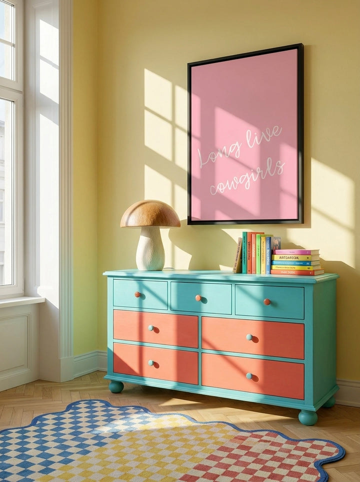 Canvas wall art with a black surround styled on the wall in a colourful eclectic nursery