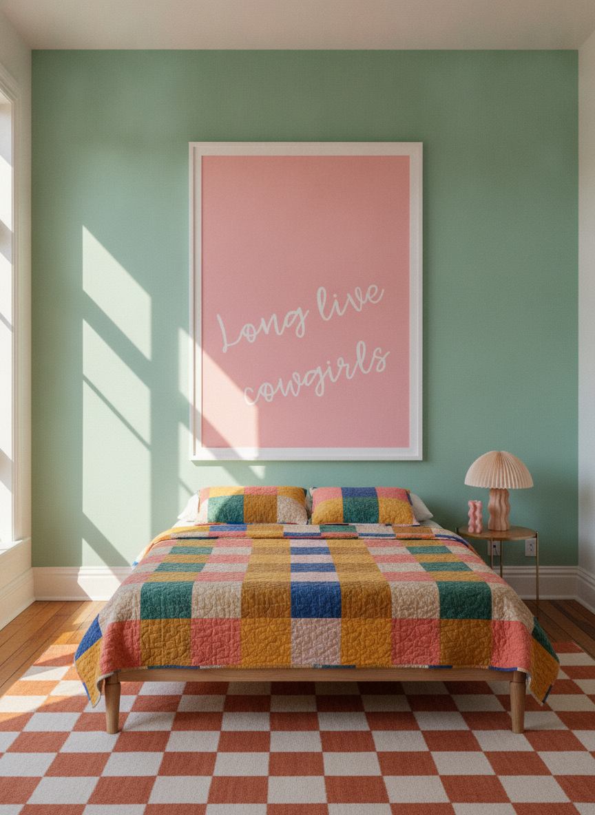 Oversized statement modern wall art print styled on the wall in a colourful eclectic bedroom
