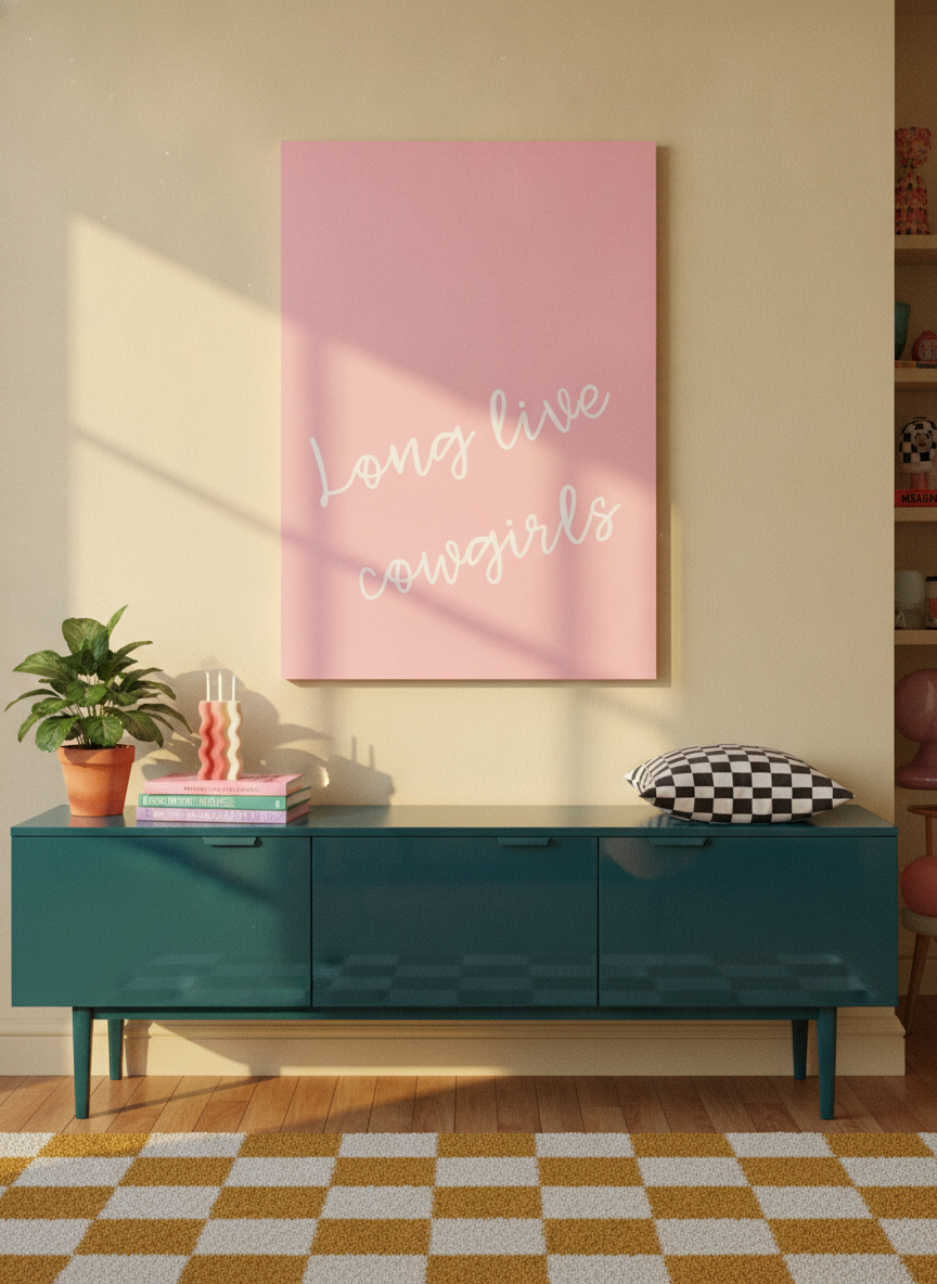 Stretched canvas wall art styled on the wall in a colourful eclectic living room