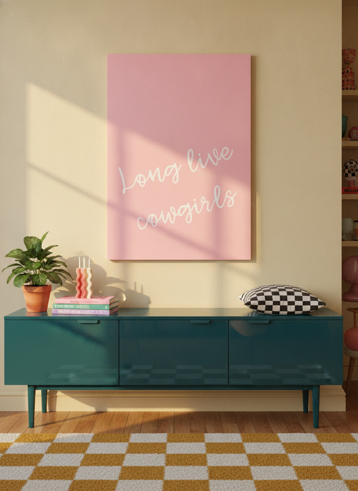 Stretched canvas wall art styled on the wall in a colourful eclectic living room