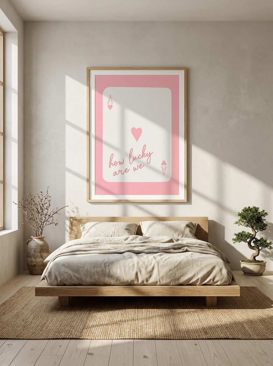 Modern wall art print styled on the wall in a warm Japandi bedroom