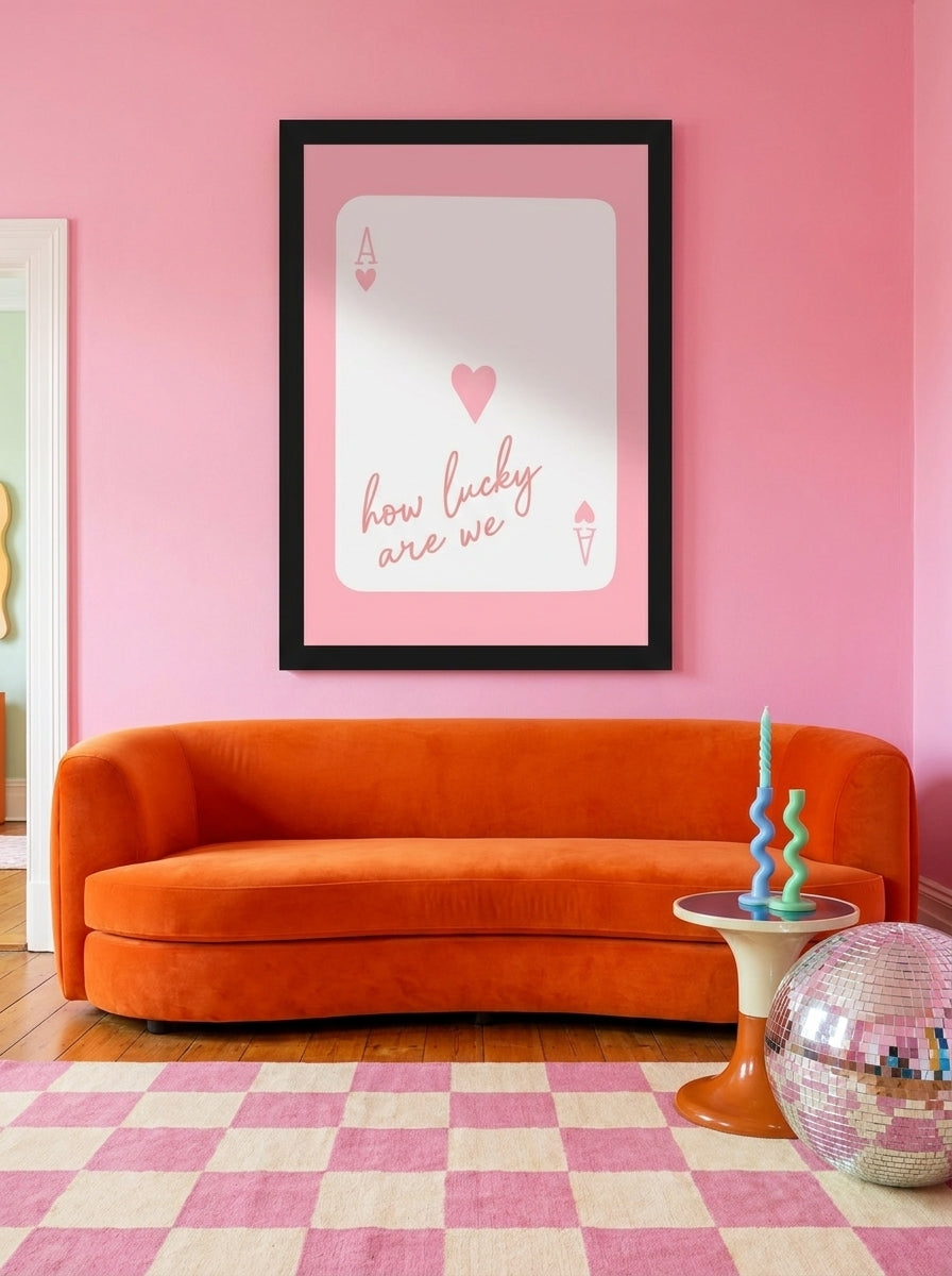 Oversized statement modern wall art print styled on the wall in a colourful eclectic living room