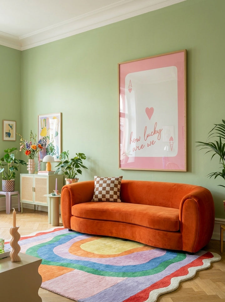 Oversized statement modern wall art print styled on the wall in a colourful eclectic living room