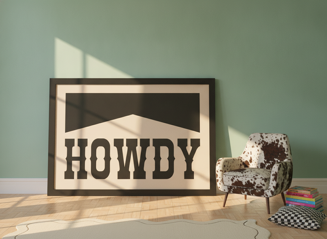 Oversized statement modern wall art print leaning against the wall in a colourful eclectic living room