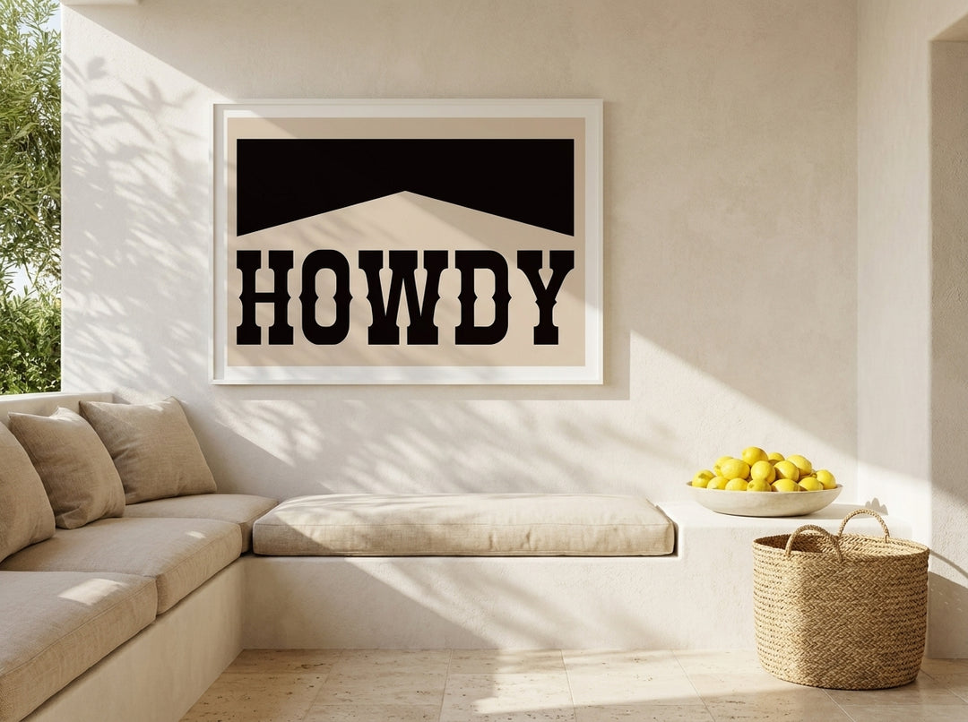 Modern wall art print styled on the wall in a Mediterranean living room