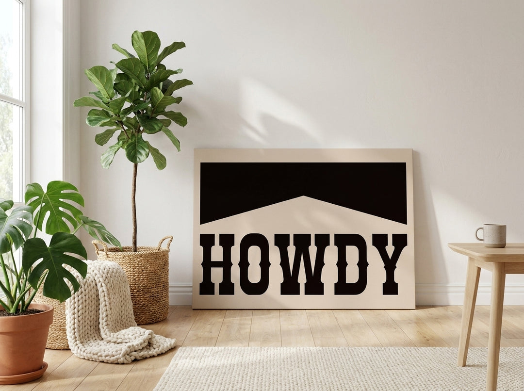 Stretched canvas wall art leaning against the wall in a bright Scandinavian kitchen