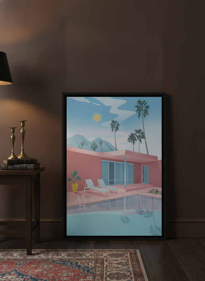 Canvas wall art with a black surround leaning against the wall in a moody home office