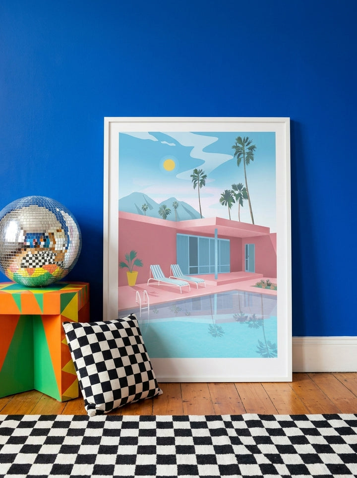 Modern wall art print standing on a side table in a colourful eclectic living room