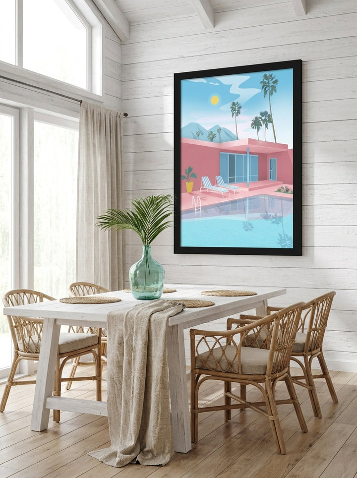 Oversized statement modern wall art print styled on the wall in a coastal dining room