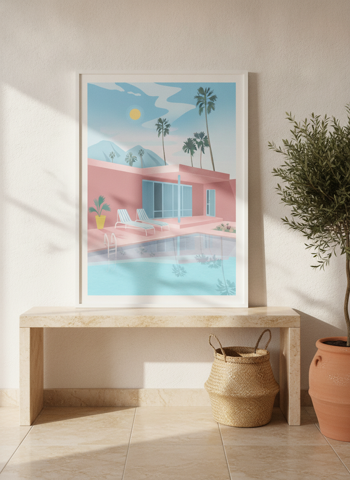 Modern wall art print standing on a console in a Mediterranean bathroom