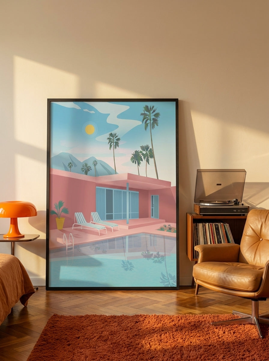 Oversized statement modern wall art print leaning against the wall in a retro 70s bedroom